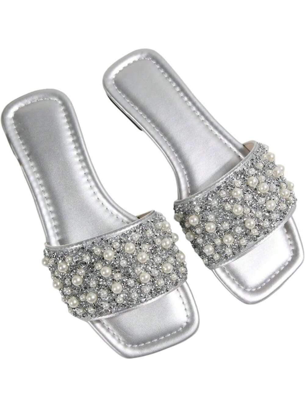 Womens Silver Rhinestone Sparkly Flat Sandal Cute Square Toe Glitter Slide Shoes